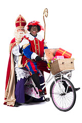 Image showing Sinterklaas and Black Pete on a bike