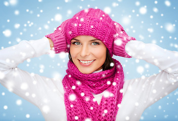 Image showing woman in hat, muffler and mittens