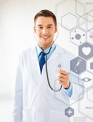 Image showing doctor with stethoscope and virtual screen