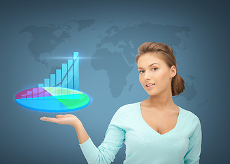 Image showing businesswoman with virtual charts and graphs