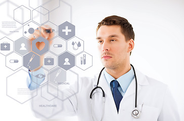 Image showing doctor with stethoscope and virtual screen