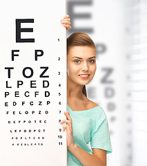 Image showing woman in eyeglasses with eye chart