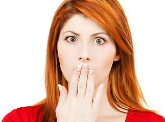 Image showing amazed woman with hand over mouth