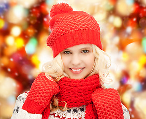 Image showing teenage girl in hat, muffler and mittens