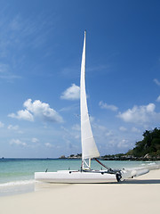 Image showing Catamaran on the beach
