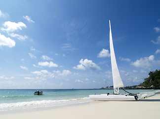 Image showing Catamaran on the beach