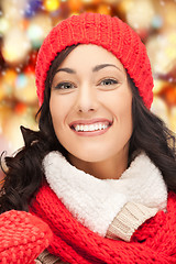 Image showing beautiful woman in hat, muffler and mittens