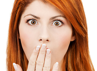 Image showing amazed woman with hand over mouth