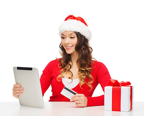 Image showing woman with gift, tablet pc and credit card