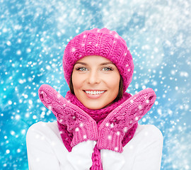 Image showing woman in hat, muffler and mittens