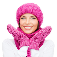 Image showing woman in hat, muffler and mittens