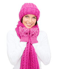 Image showing woman in hat, muffler and mittens