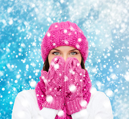 Image showing surprised woman in hat, muffler and mittens