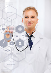 Image showing doctor with stethoscope and virtual screen