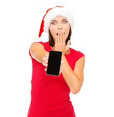 Image showing woman in santa helper hat with smartphone