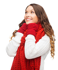 Image showing woman in sweater, scarf and mittens