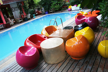 Image showing Funky furniture by the poolside