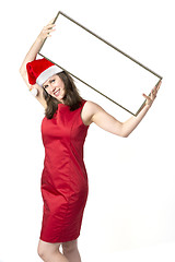 Image showing Santa Claus Woman with board over head