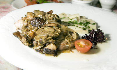Image showing pork sirloin stewed with local seasonal mushrooms  onions Polish