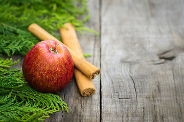 Image showing Red Apple with cinnamon sticks