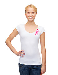 Image showing woman in blank t-shirt with pink cancer ribbon