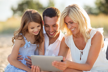 Image showing happy family with tablet pc taking picture