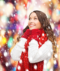 Image showing woman in sweater, scarf and mittens