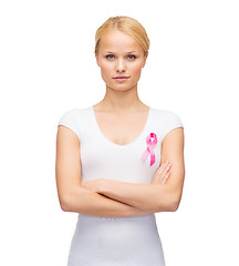 Image showing woman in blank t-shirt with pink cancer ribbon