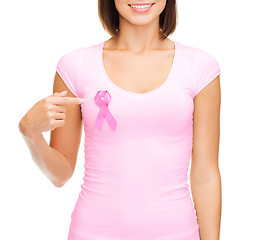 Image showing woman in blank t-shirt with pink cancer ribbon