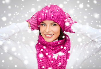 Image showing woman in hat, muffler and mittens