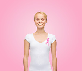 Image showing woman in blank t-shirt with pink cancer ribbon