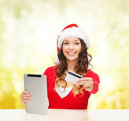 Image showing woman with gift, tablet pc and credit card