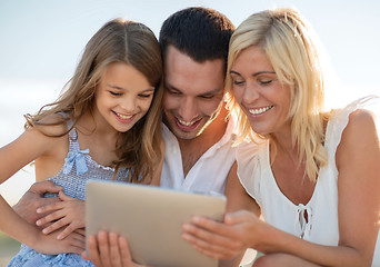 Image showing happy family with tablet pc taking picture