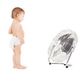 Image showing cute little boy playing with big cooling fan