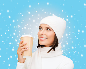 Image showing woman in hat with takeaway tea or coffee cup