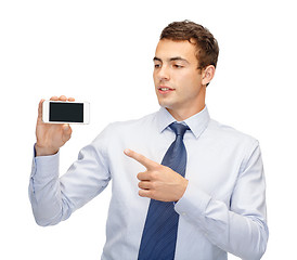 Image showing buisnessman with blank screen smartphone