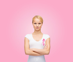 Image showing woman in blank t-shirt with pink cancer ribbon