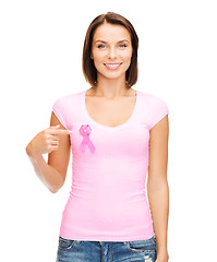 Image showing woman in blank t-shirt with pink cancer ribbon