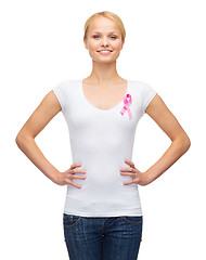 Image showing woman in blank t-shirt with pink cancer ribbon