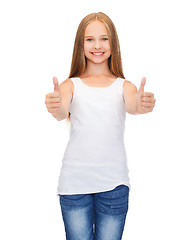 Image showing girl in blank white shirt showing thumbs up