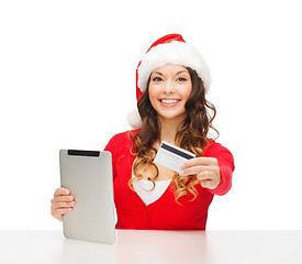 Image showing woman with gift, tablet pc and credit card