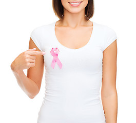 Image showing woman in blank t-shirt with pink cancer ribbon