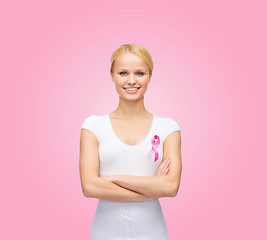 Image showing woman in blank t-shirt with pink cancer ribbon