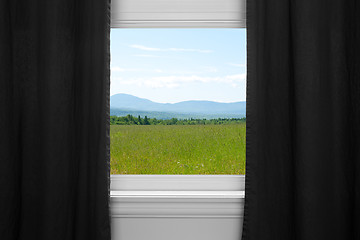 Image showing Summer landscape behind black curtains