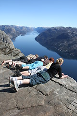 Image showing People looking down at pulpit rock