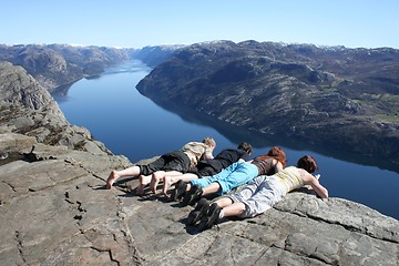 Image showing People looking down at pulpit rock