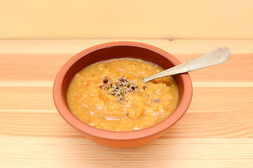 Image showing Bowl of seasoned lentil and vegetable soup