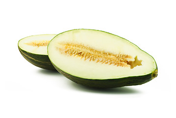 Image showing Two halves of piel de sapo melon
