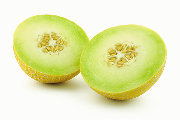 Image showing Two halves of yellow melon cantaloupe