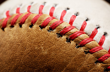 Image showing dirty baseball against a dark background, close-up